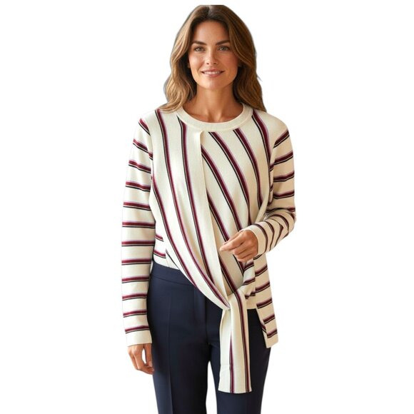 Karen Millen Cream Multi Stripe Crewneck Tie Front Stretch Top - Picture 1 of 7